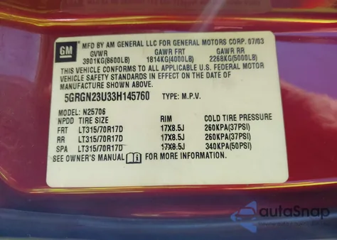 2003 Hummer H2 из США, поврежденный, VIN 5GRGN23U33H145760